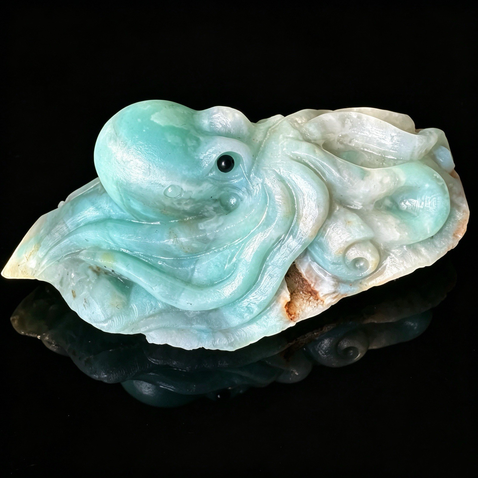 Hand Carved Amazonite Octopus – Natural Blue Green Crystal Mineral Figurine 4.8″
