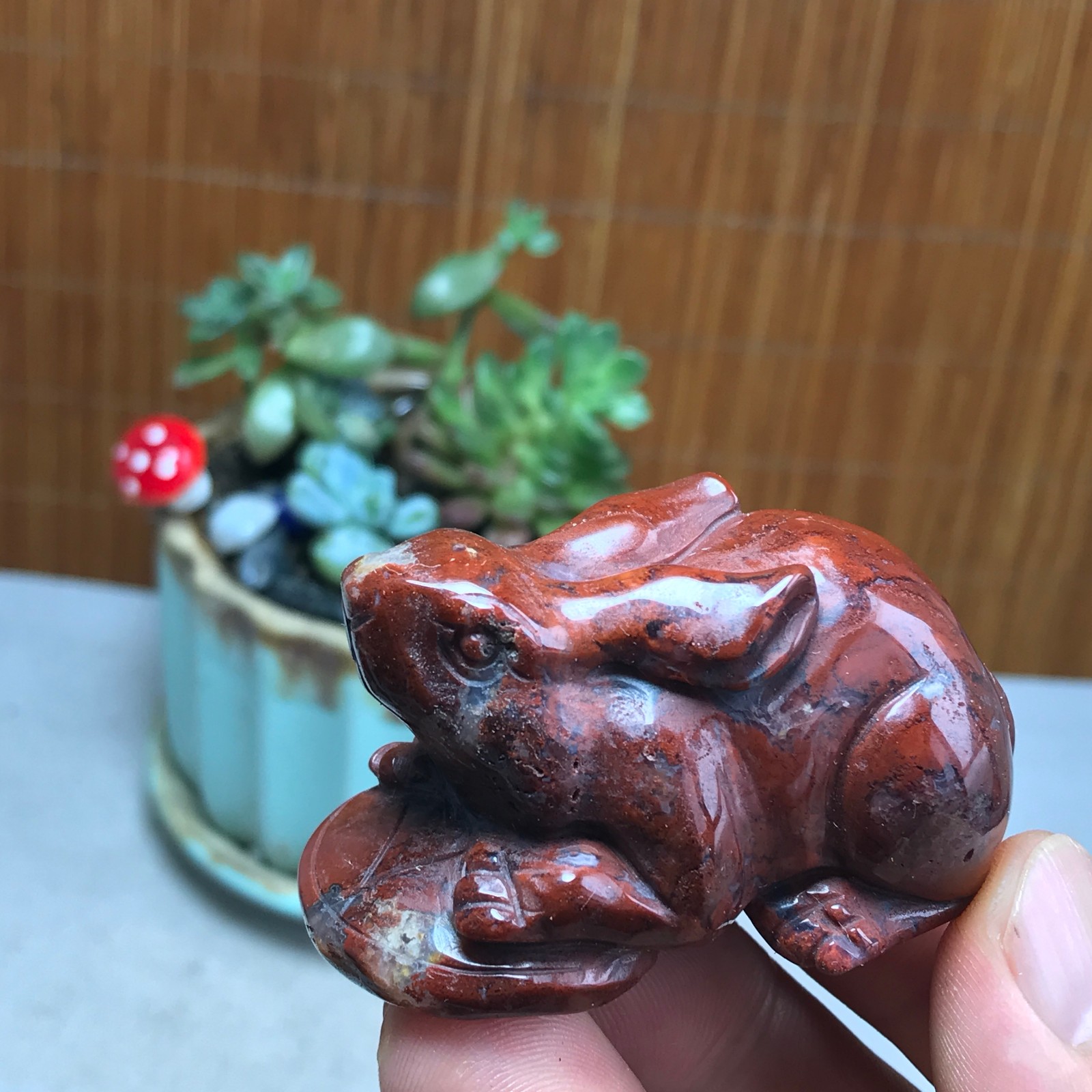 Natural bloodstone carve Rabbit & Copper Coin Figurine, Feng Shui Wealth Luck 82