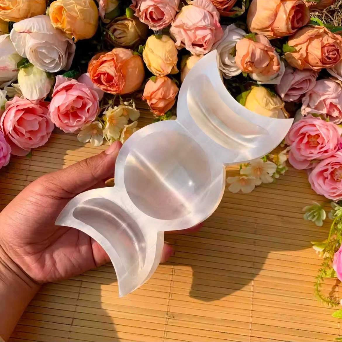 Selenite Triple Moon Bowl Smudge Dish Polished Crystal Cleansing Candy Bowl
