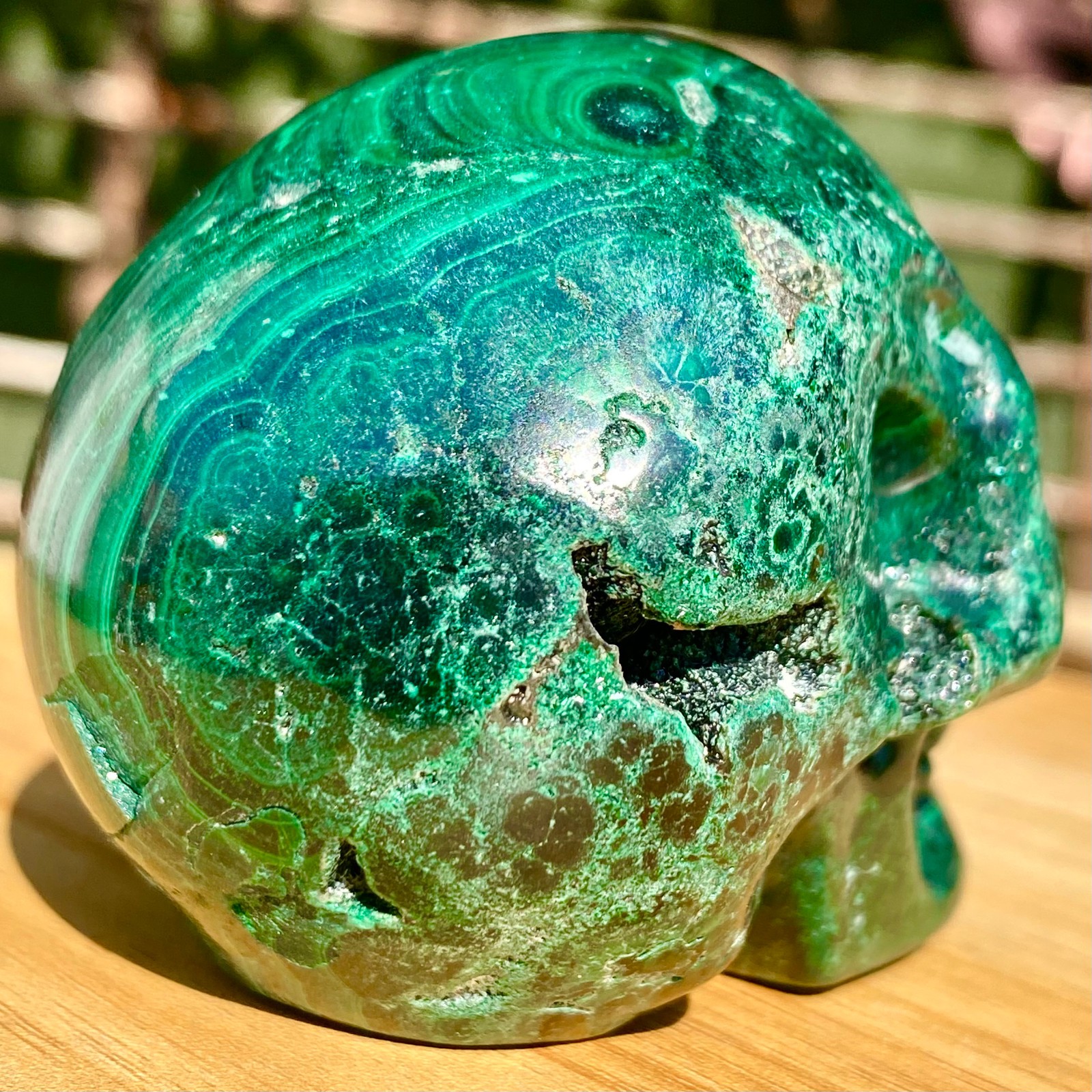 391G Malachite Crystal Skull, Hand Carved Gemstone Fine Art Sculpture