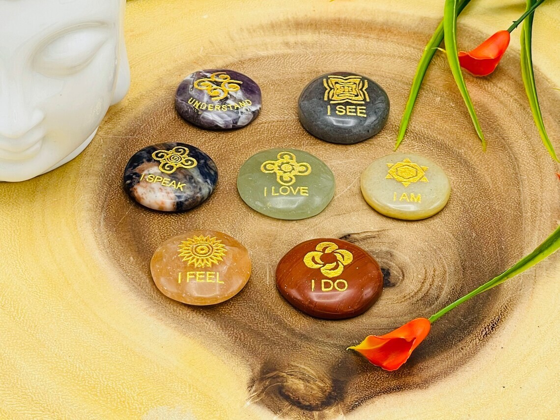 7 Chakra Round Palm Smooth Stone Set Engraved Affirmation Symbols, Velvet Pouch
