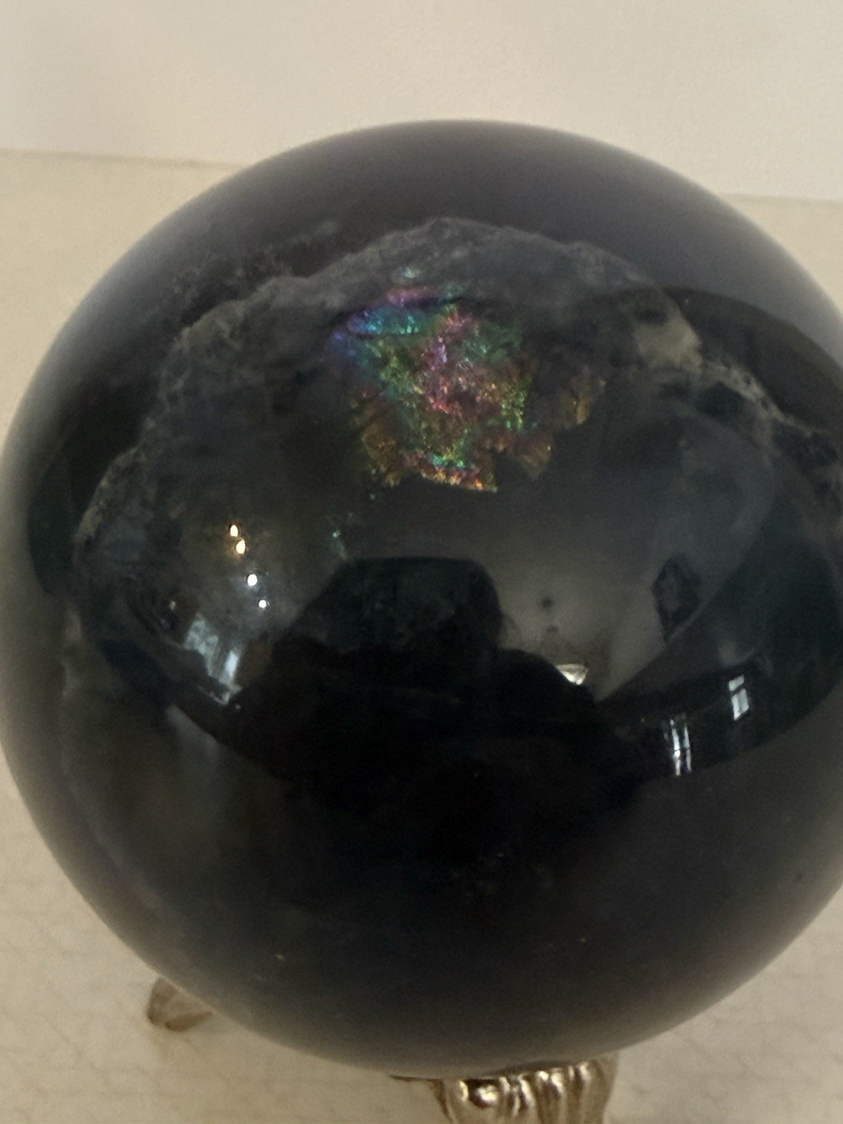 Fluorite Large Dark Blue, Green Crystal Gemstone Sphere Crystal with Stand