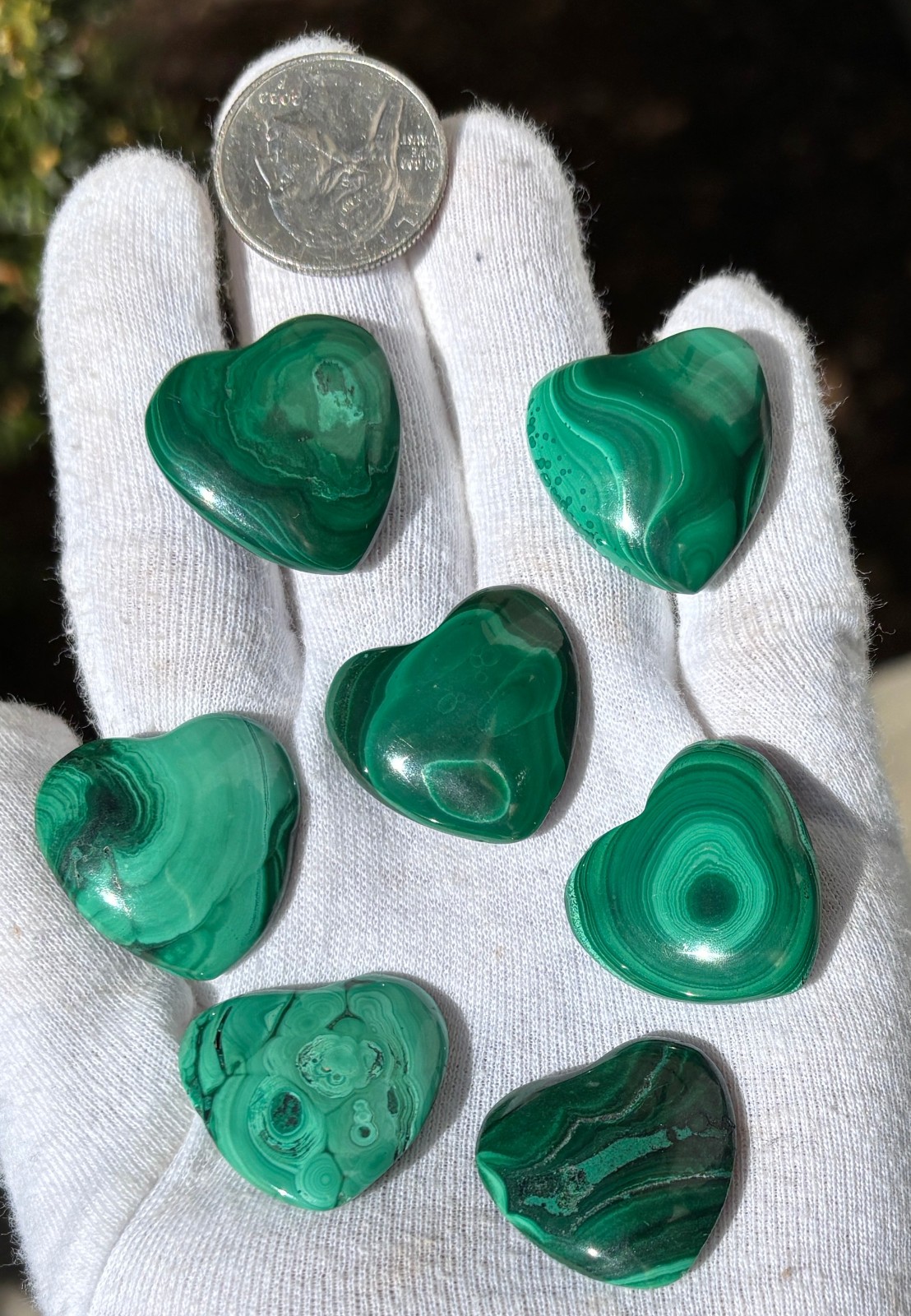 USA SALE 67g LOT 7 MALACHITE POLISHED SMALL HEARTS HEART POCKET PALMSTONE PALM