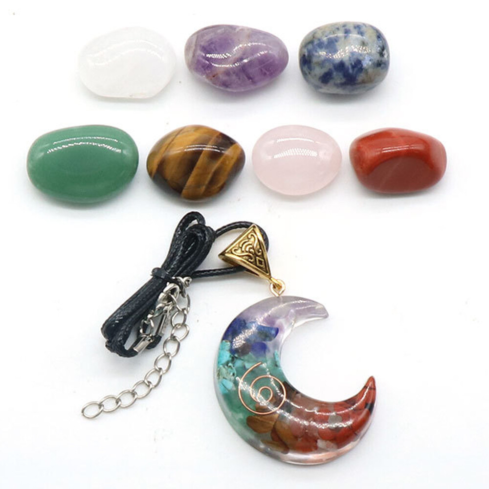 Natural 7 Chakra Healing Crystal Tumbled Stone Set Moon Star Pendant W/ Gift Box