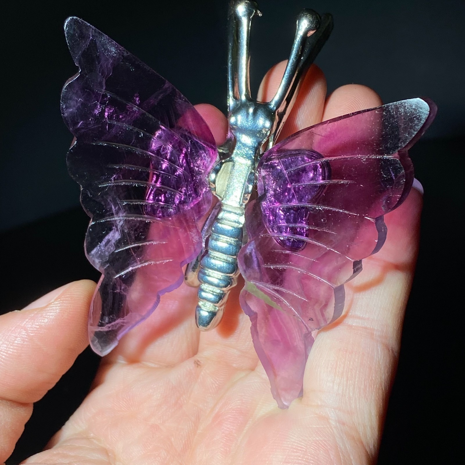 Natural Crystal Fluorite Butterfly Wings Healing Statue Decor + Stand