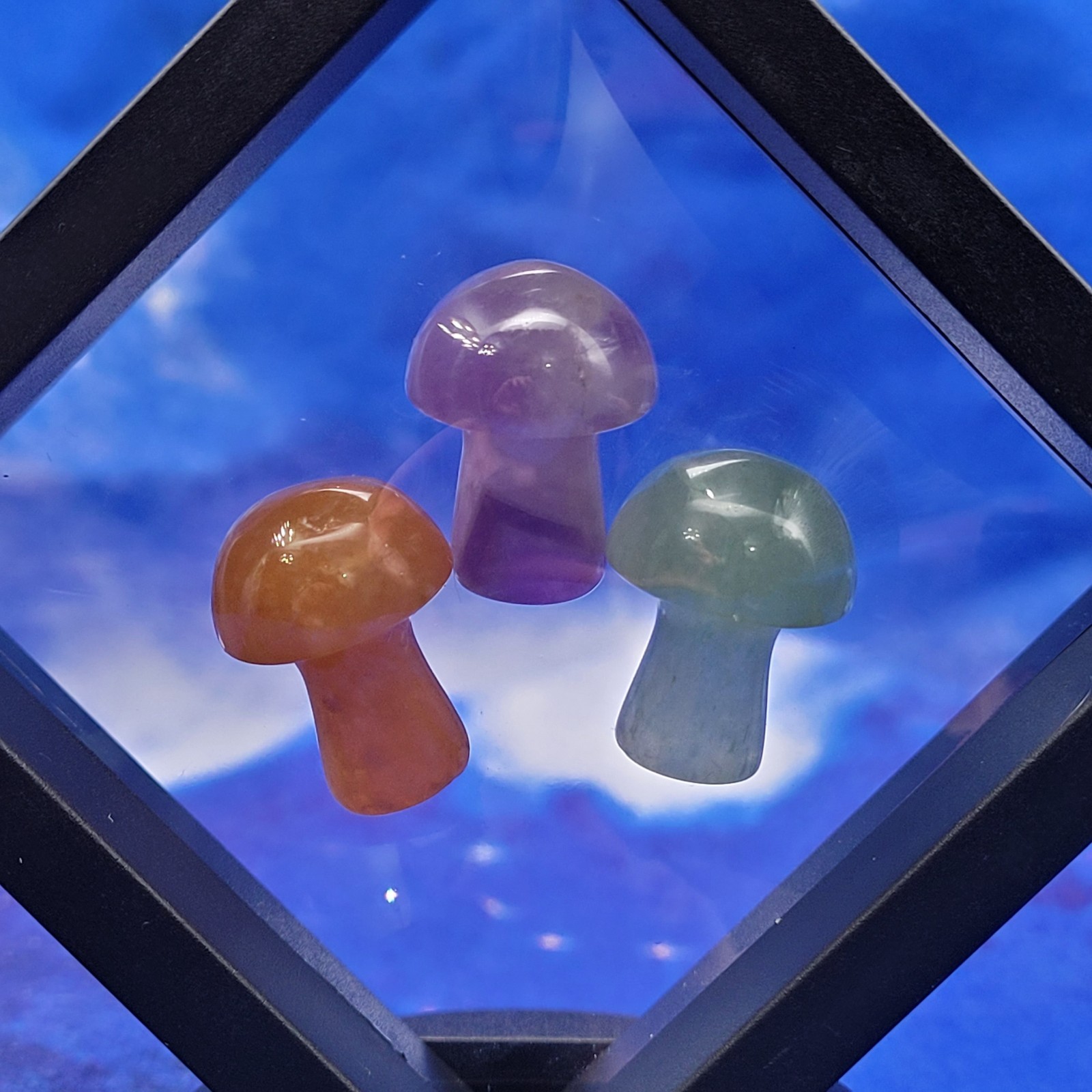 3 Magic Mushrooms: Dream Amethyst/Green & Orange Aventurine 20mm Crystal Display