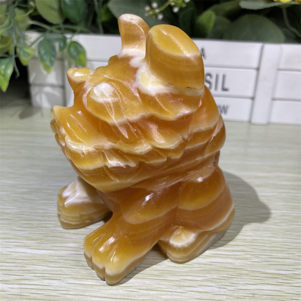 1.7LB 4.1″ Natural Yellow Calcite Dog Quartz Crystal Carving Reiki Home Gift