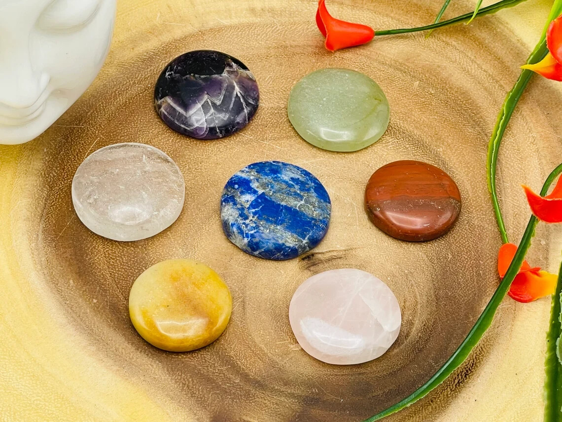 7 Chakra Round Palm Stone Set, Polished Smooth Pocket Stones with Velvet Pouch