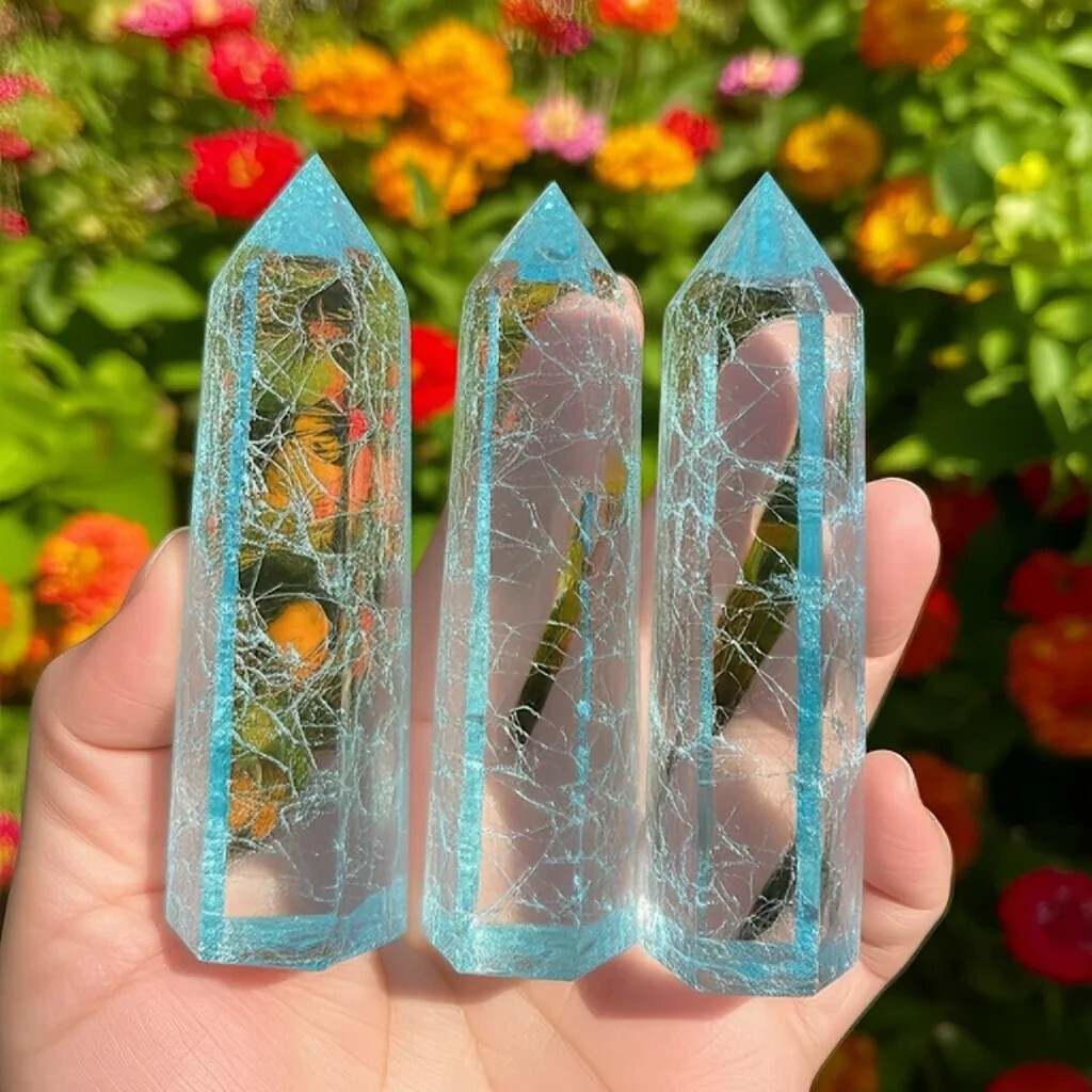 Blue Crackle Quartz Tower Point Clear Crystal Obelisk Meditation Healing Decor
