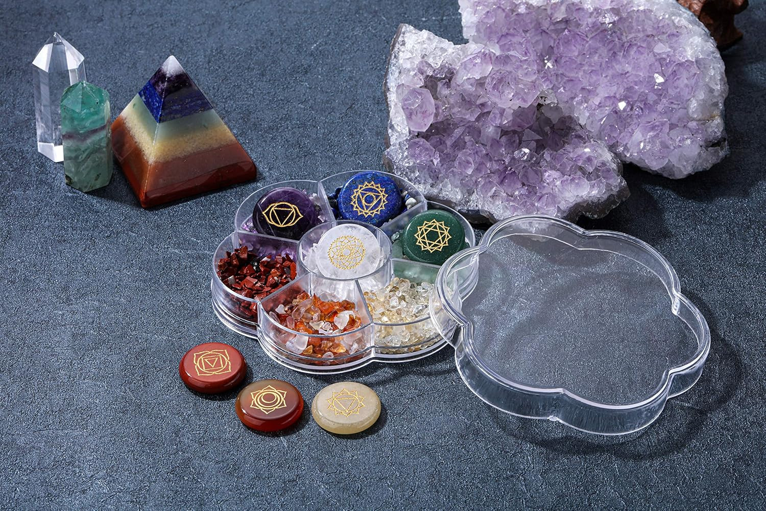7 Chakra Crystal Stones Set Engraved Symbols Tumbled Polished Reiki Wicca Gift