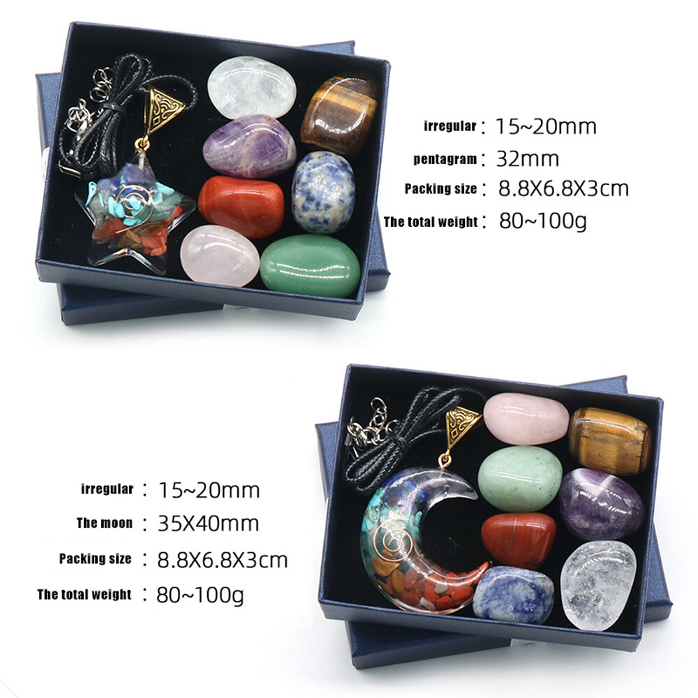 Natural 7 Chakra Healing Crystal Tumbled Stone Set Moon Star Pendant W/ Gift Box