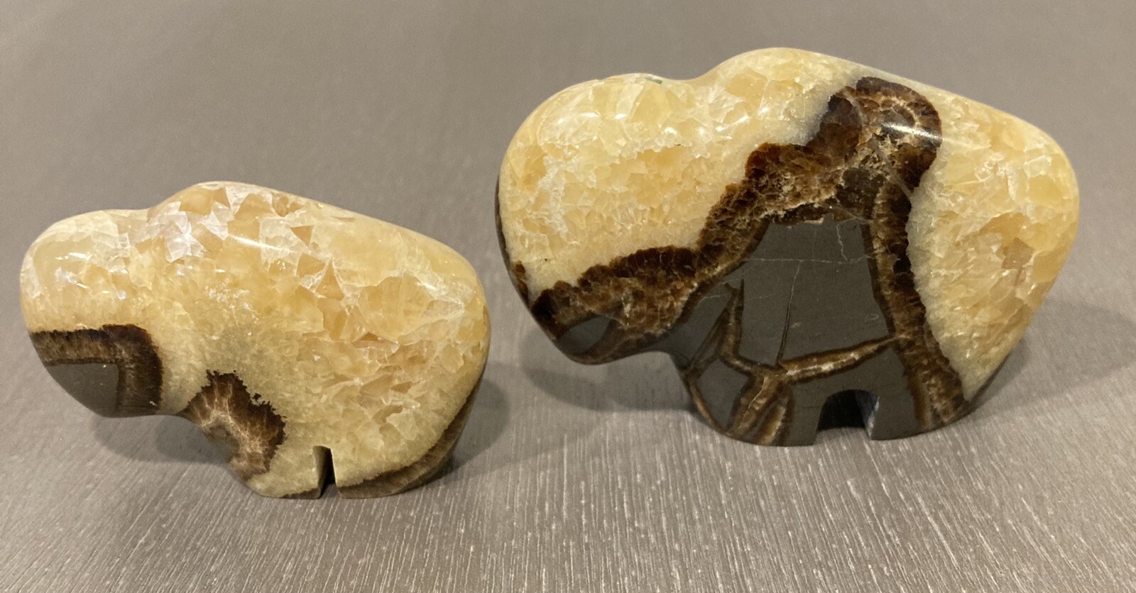 Septarian Crystal Carved Buffalo Bison Adult Baby Pair Utah Dragon Stone Geode