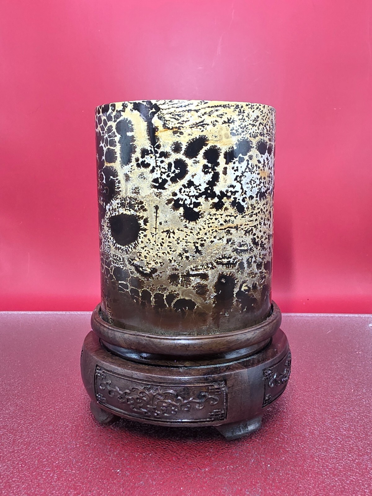 Natural Picture Jasper Vase Quartz Crystal On A Wood Holder Reiki healing 2+LB