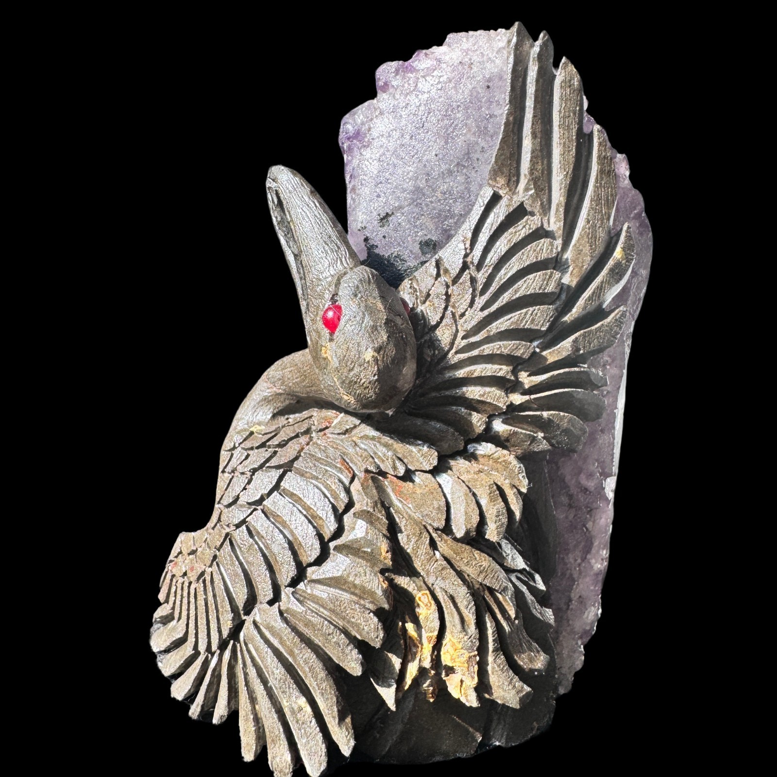 Hand-Carved Amethyst Cluster Bird Sculpture -Serenity & Intuition Art Home Decor