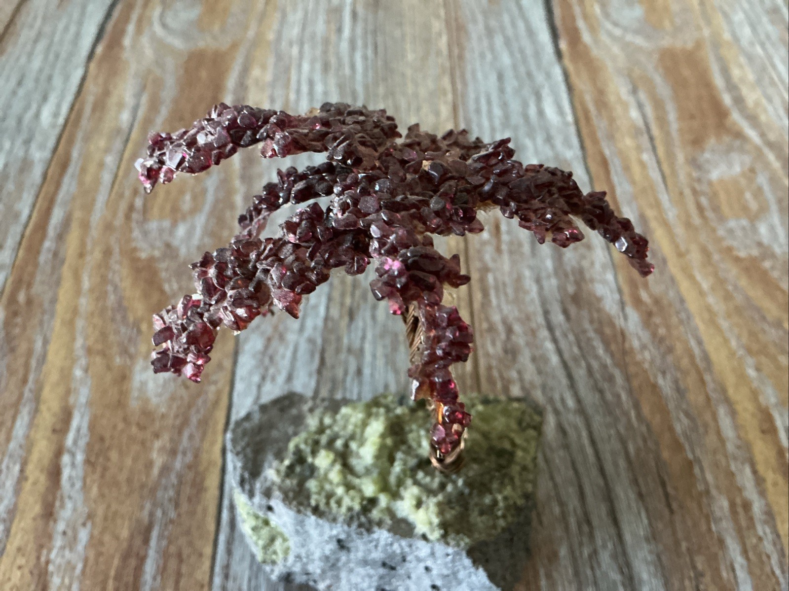 Vintage Gemstone Chip Bonsai Tree Sculpture On Natural Rock Base 4” Handmade Art
