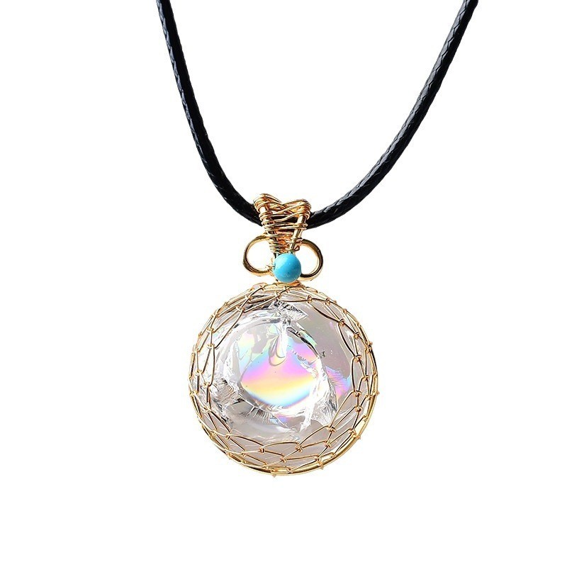 White Crystal Ball Pendant Rainbow Inlaid Raw Polished Gem Necklace Gift