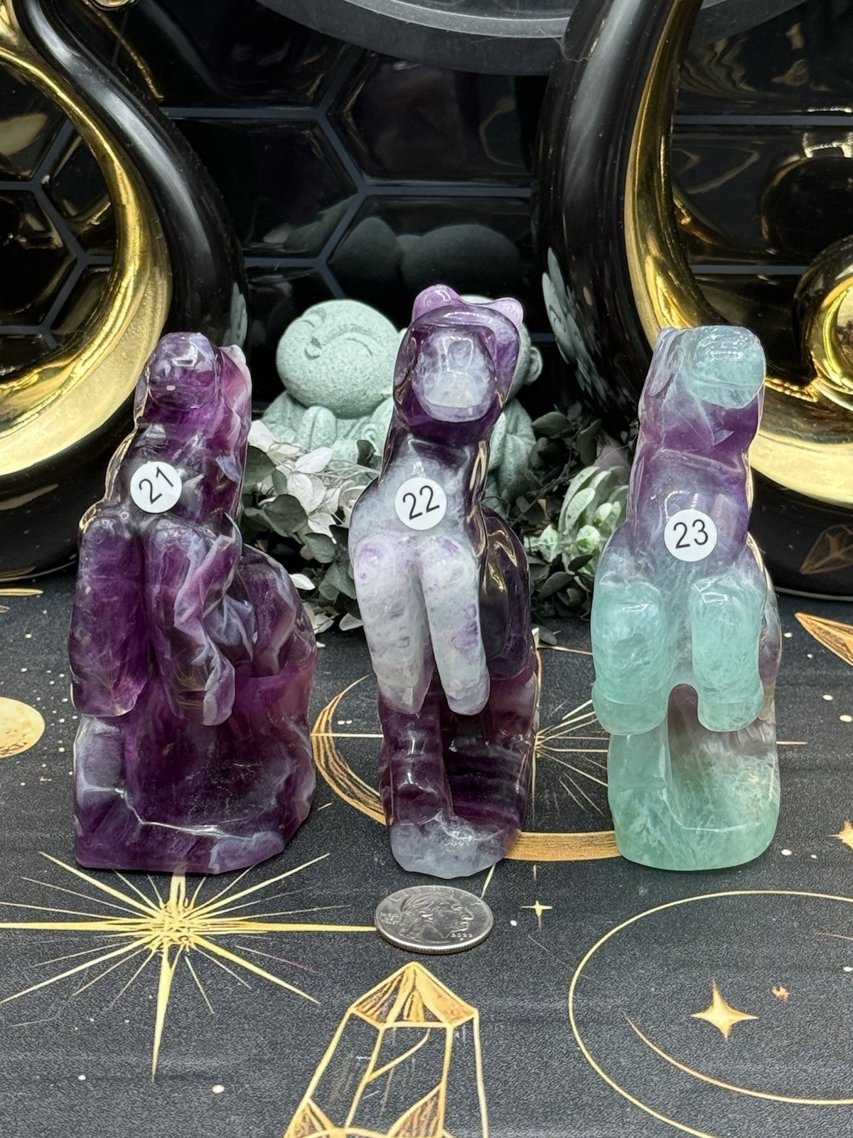 Natural Fluorite Carved Horses banding purples feather Free shipping