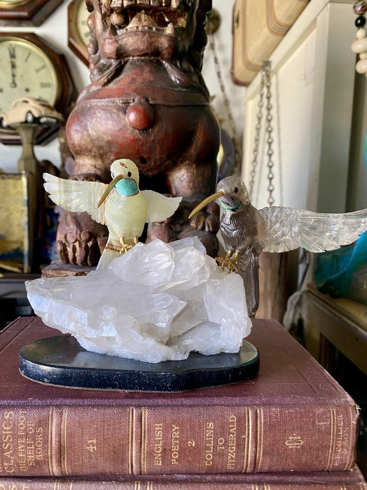 Peter Muller Hand Carved Smokey Quartz, Marble, Quartz Hummingbirds On Quartz
