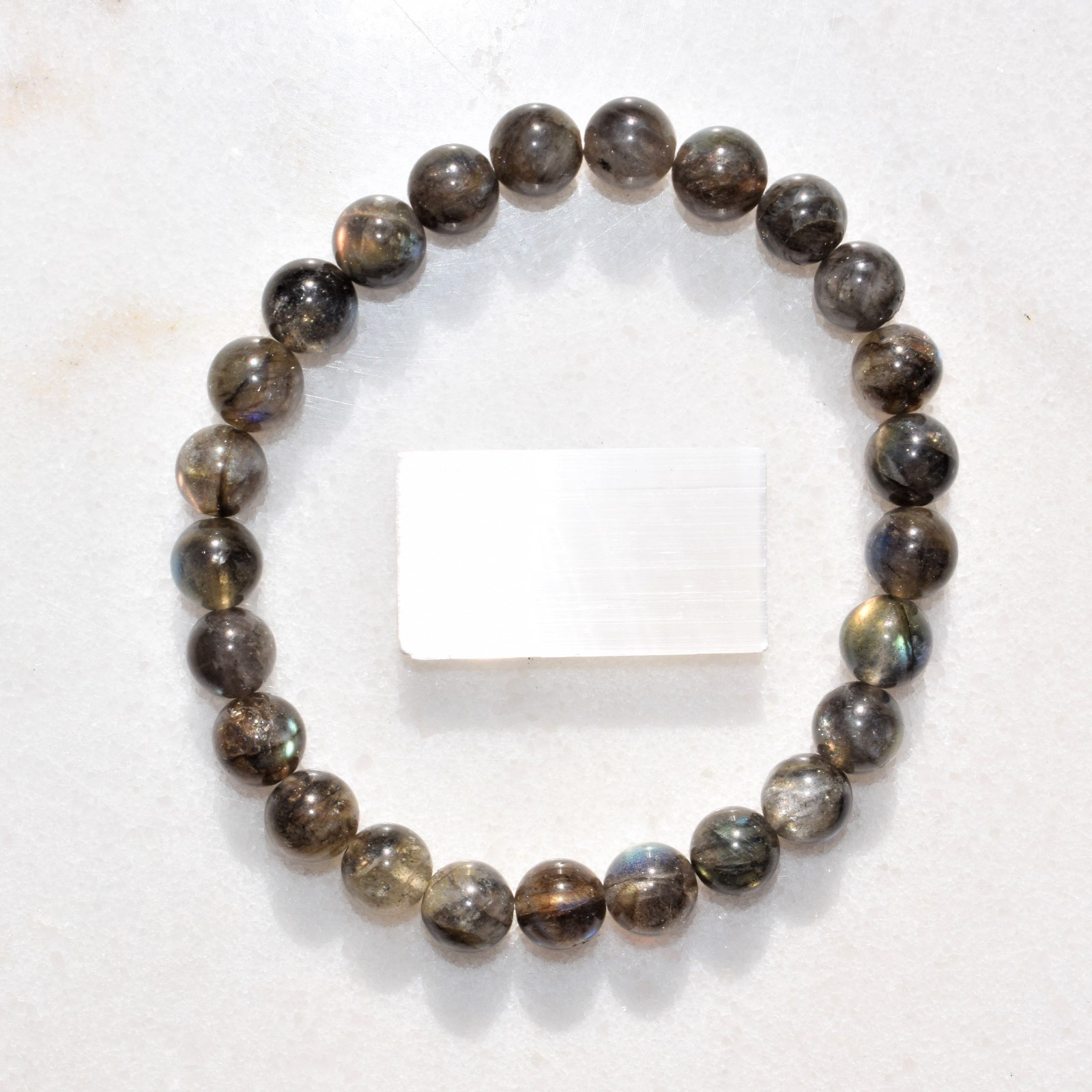CHARGED Premium Labradorite Crystal 8mm Bead Bracelet + Selenite Heart