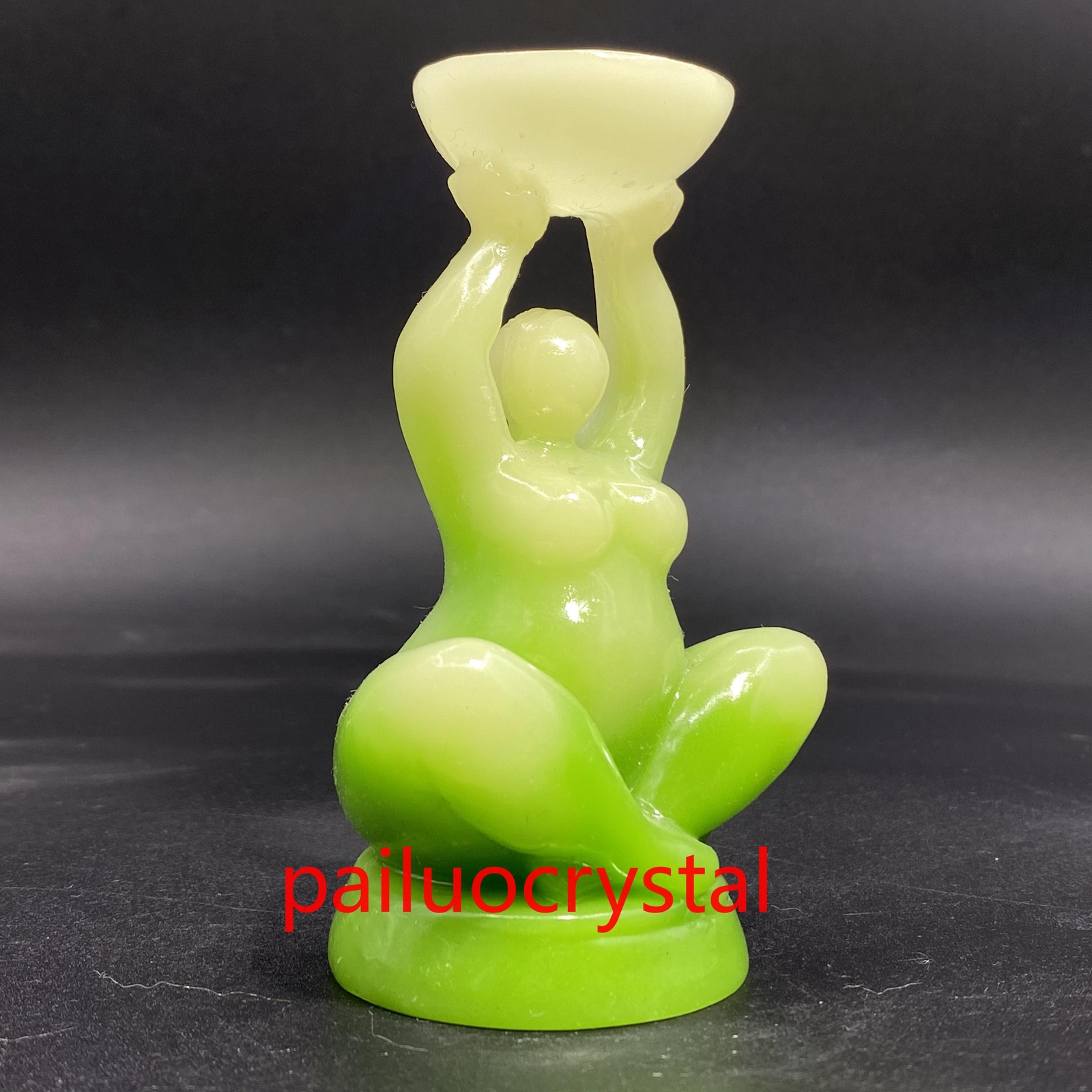 4″ Green Luminous Stone +resin Women Quartz Crystal Skull Goddess Base 1pc