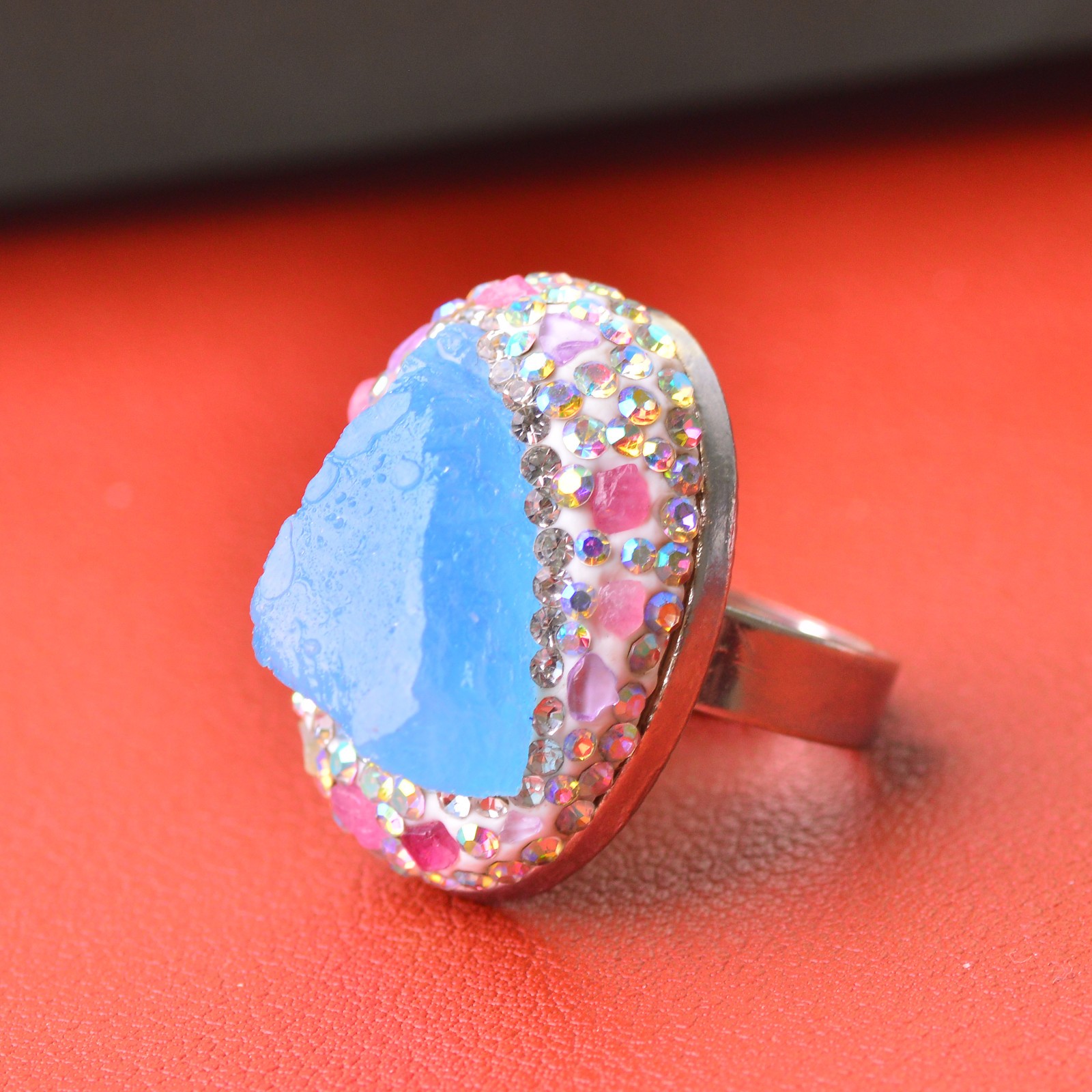 Aquamarine ring, alloy inlaid with handmade gemstone jewelry Energy Crystal