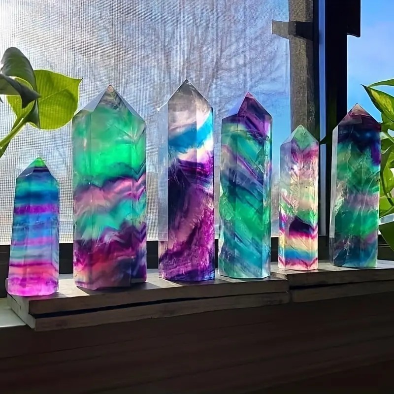 Rainbow Fluorite Crystal Tower Point Healing Crystal Obelisk Gemstone Tower Wand