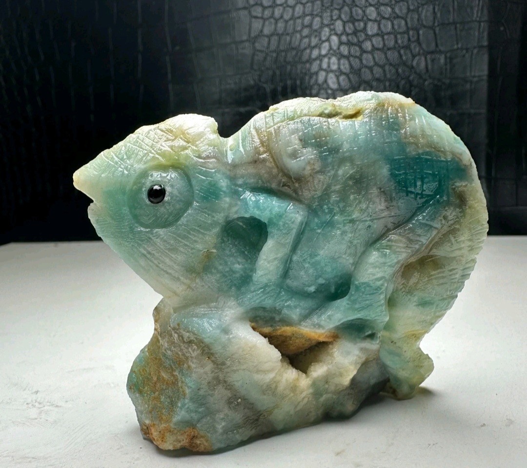 Natural Crystal Mineral Specimen. Amazon Stone. Hand-carved Chameleon Statue