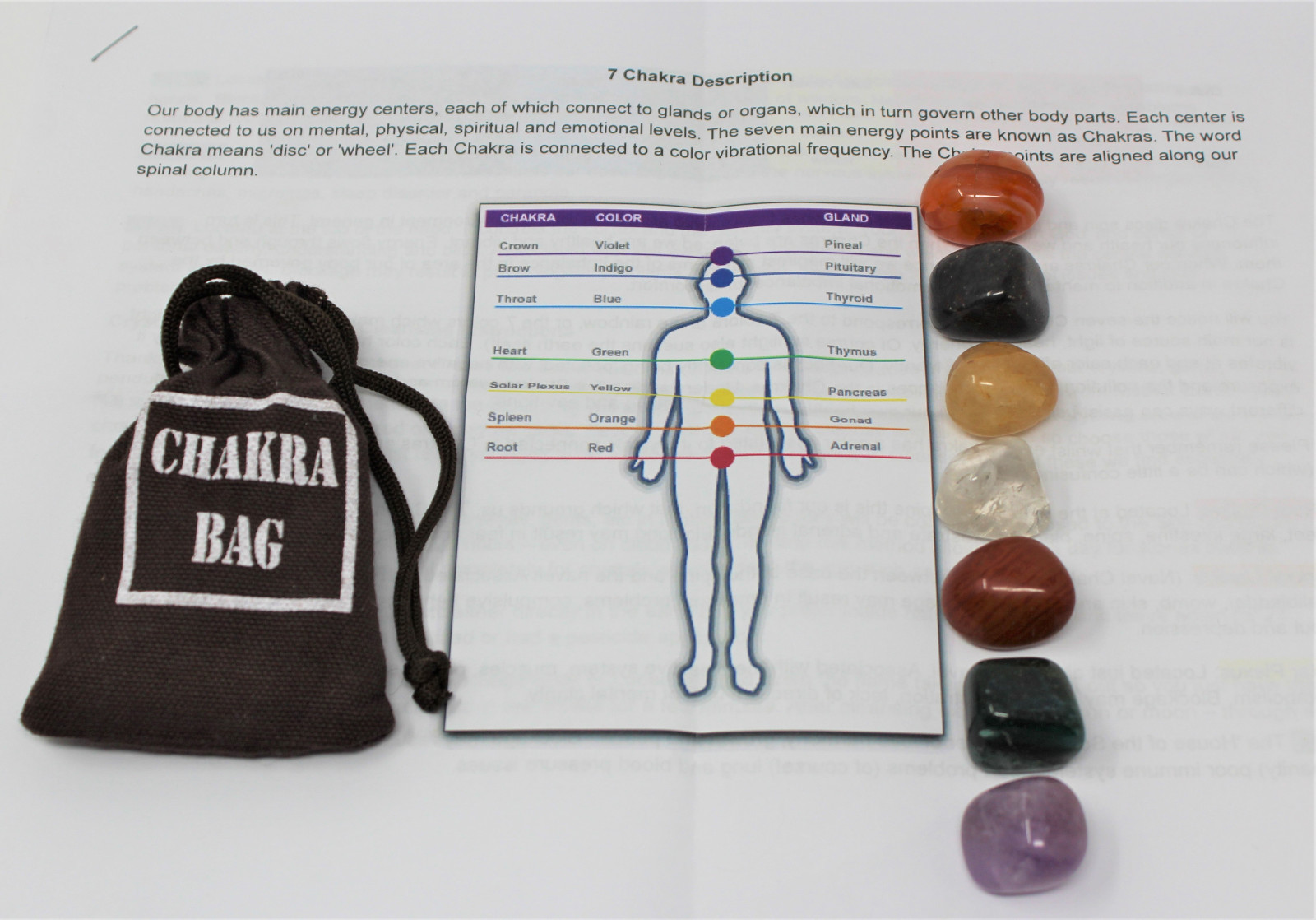 7 Chakra Tumbled Stone Set Carry Pouch Polished Selenite Charging Plate + Guide!