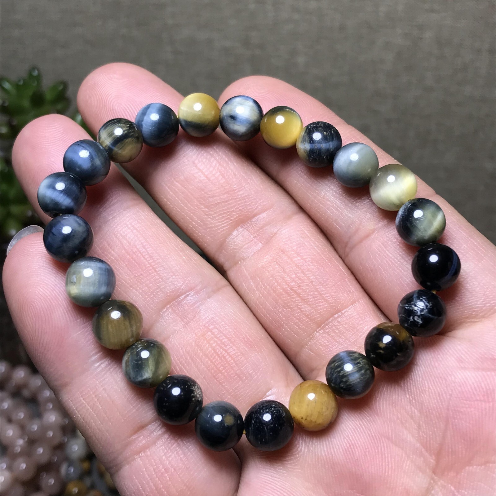 5Pcs Wholesal Natural Polish yellow Blue Tiger eye bracelets Crystal ball 8mm