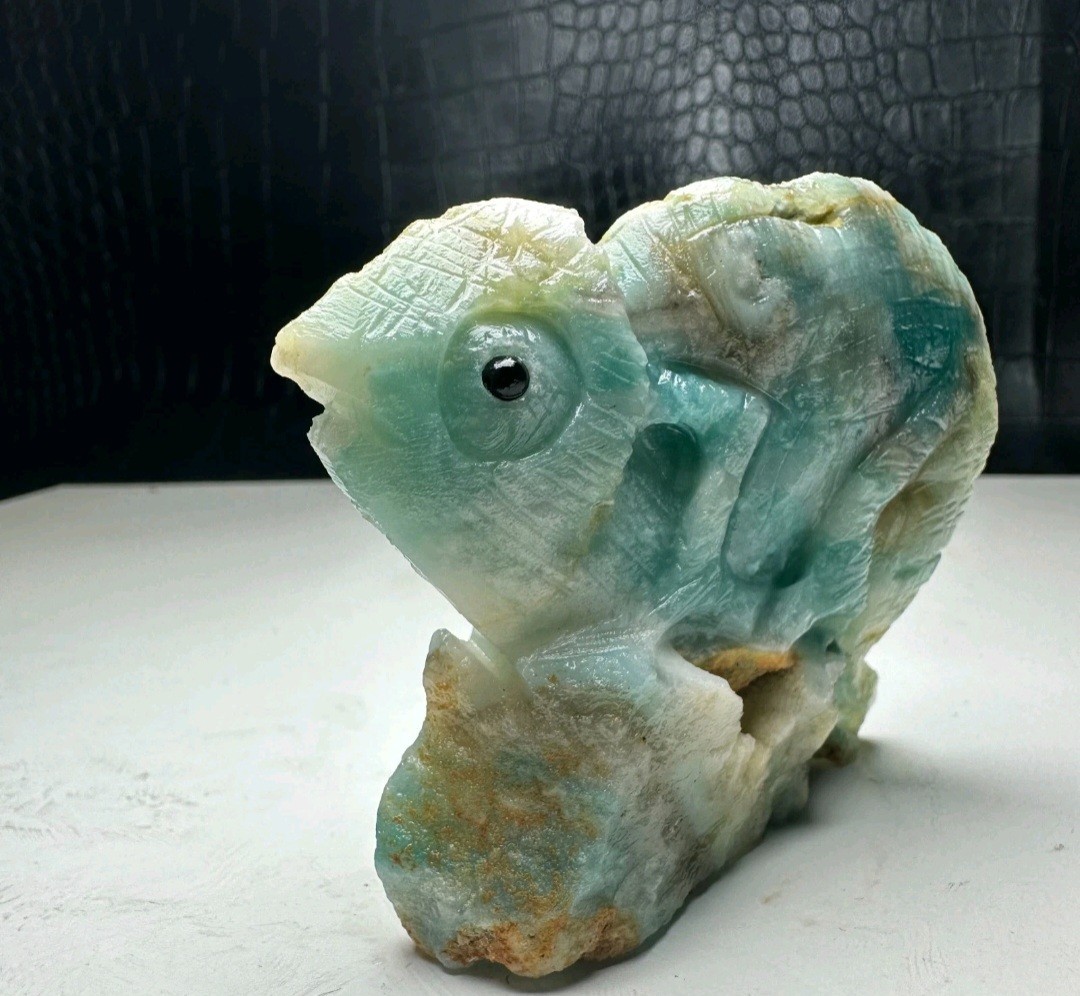 Natural Crystal Mineral Specimen. Amazon Stone. Hand-carved Chameleon Statue