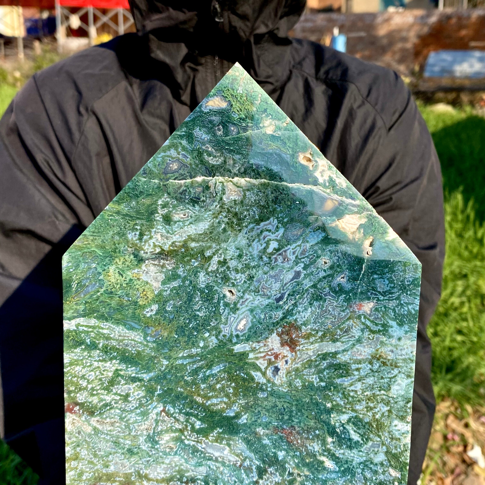 7.73LB Natural green moss agate quartz crystal obelisk aura healing