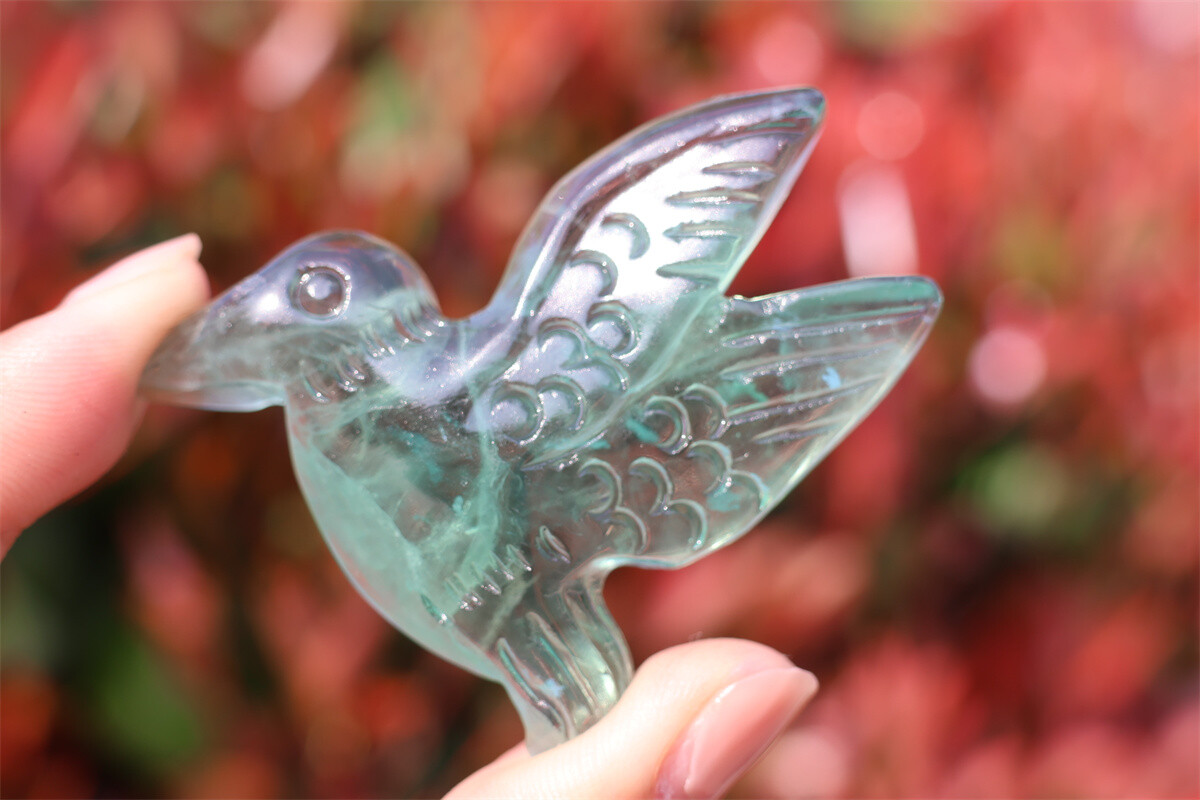 2.3” Carved Natural fluorite Hummingbird Crystal Skull decor reiki gift 1pc