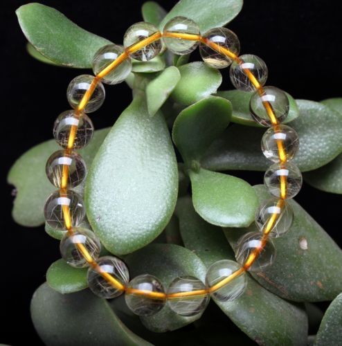 24.9g Rare Natural Clear Gold Rutilated Quartz Crystal 10mm Round Bead Hand cate