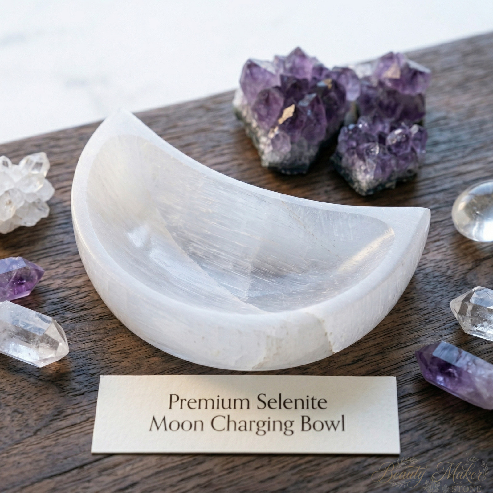 Selenite Crystal Moon Bowl Cleansing Tray White Stone Dish Spiritual Altar Decor