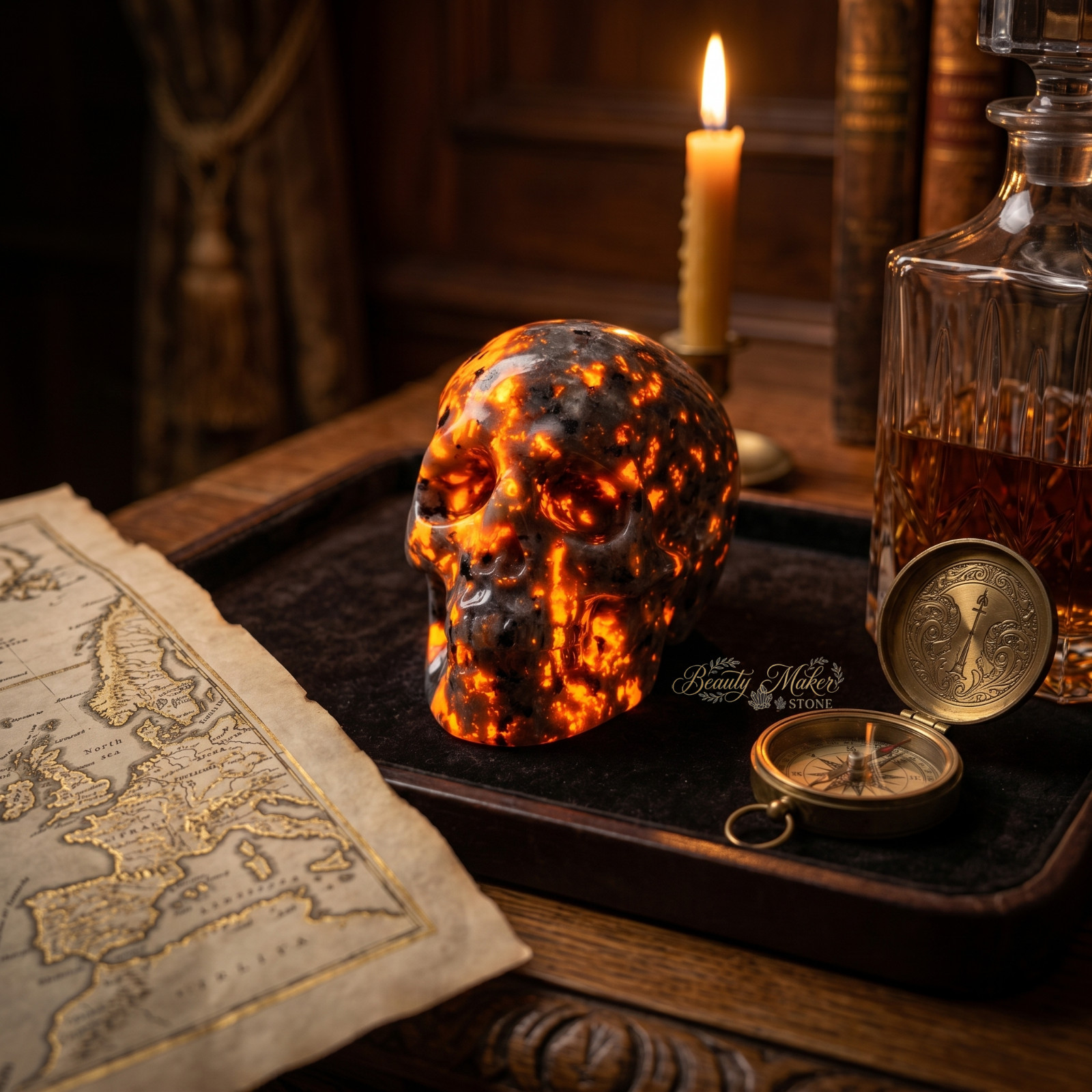Yooperlite Skull Head Carving Flame Stone UV Reactive Crystal Decor Figurine 2″