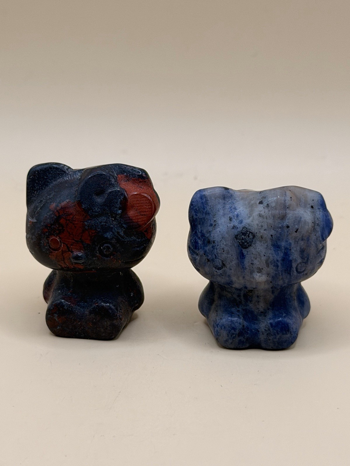 Set of 2 Hello Kitty Crystal Carvings Dragon Blood Stone and Sodalite Figurines