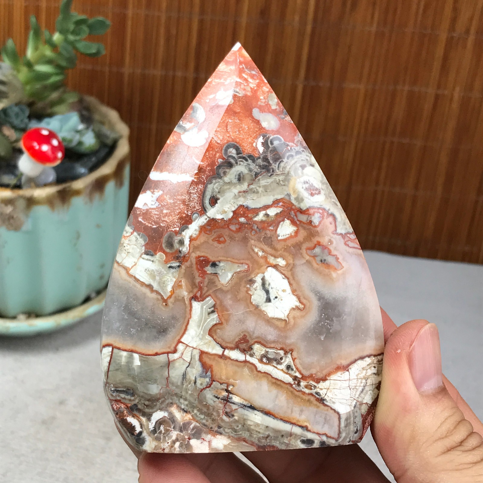 Natural money Mexico agate hand carve leaf Crystal Specimen free standing A6257