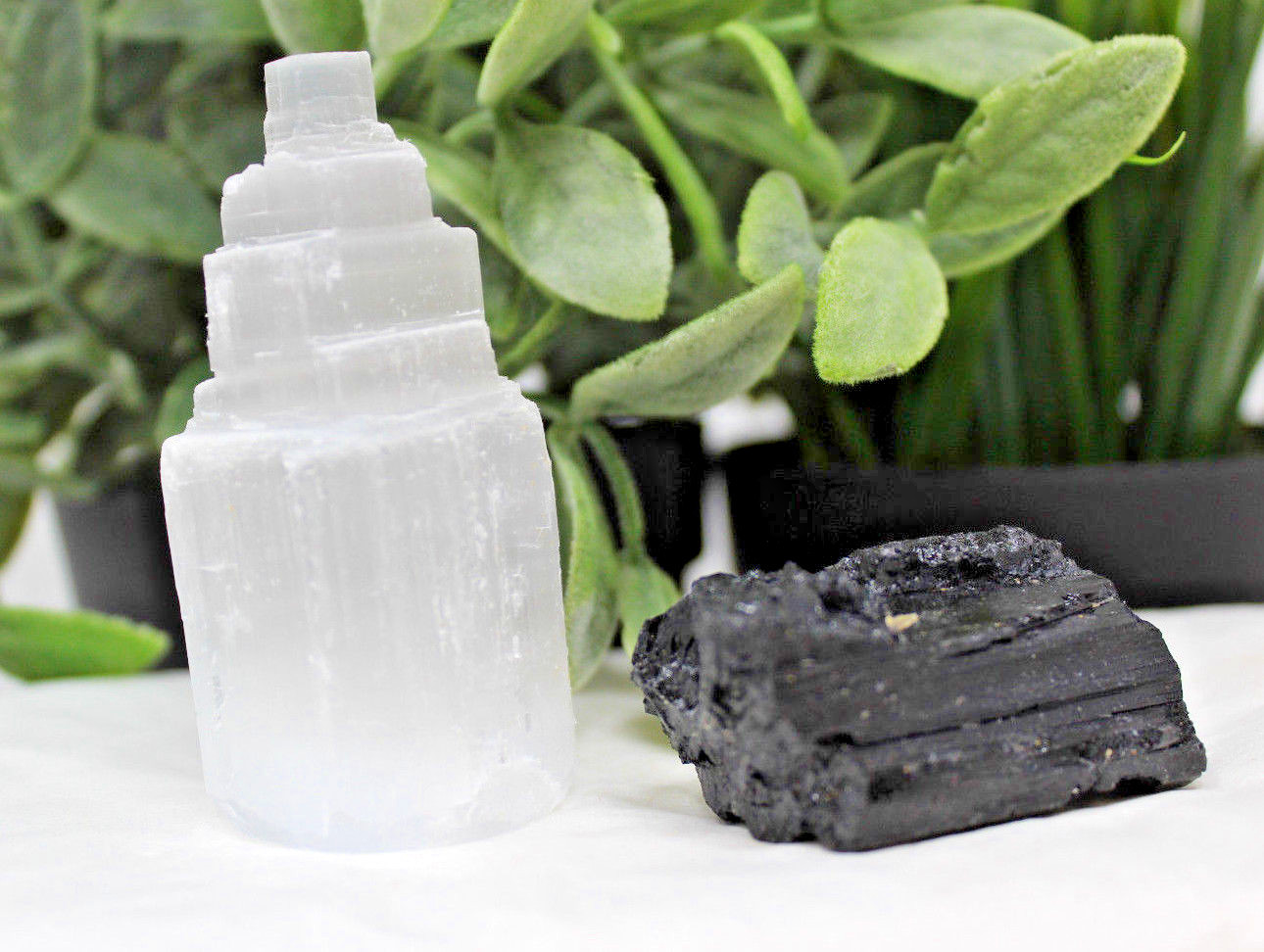 1 Selenite Tower & 1 Extra Grade Black Tourmaline Home Protection Kit Reiki