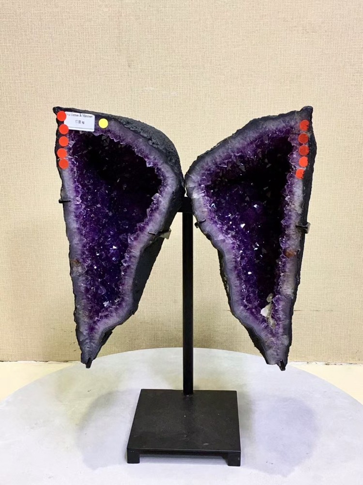 38LB Natural Amethyst Butterfly Geode Quartz Crystal Amethyst Cave + Stand