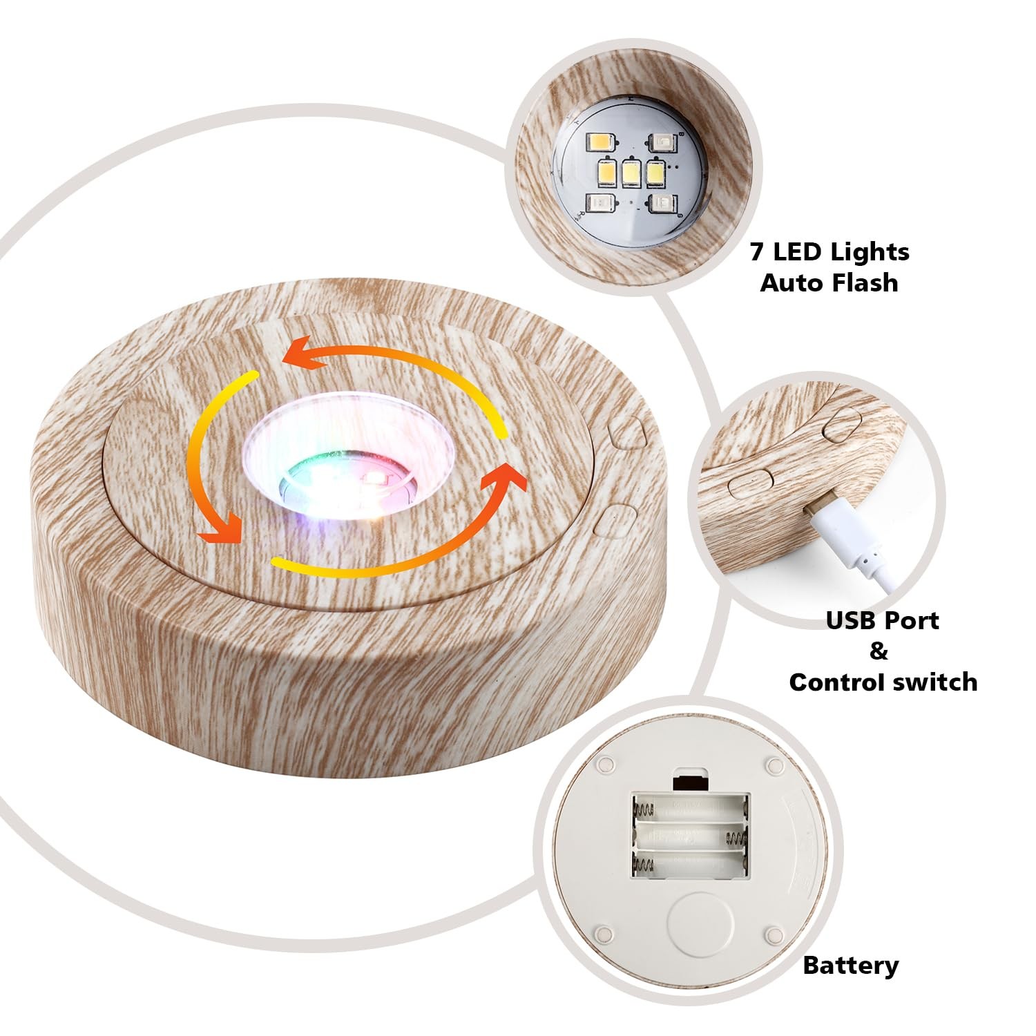 Rotating Base – Positive and Negative Rotation Display with 7 Lights Wood Gra…