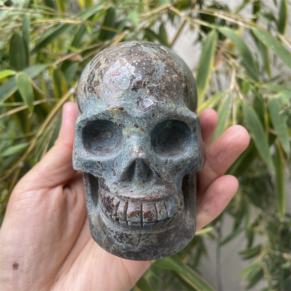 2.2LB 3.8″ Natural Malachite Skull Crystal Quartz Carving Reiki Decor