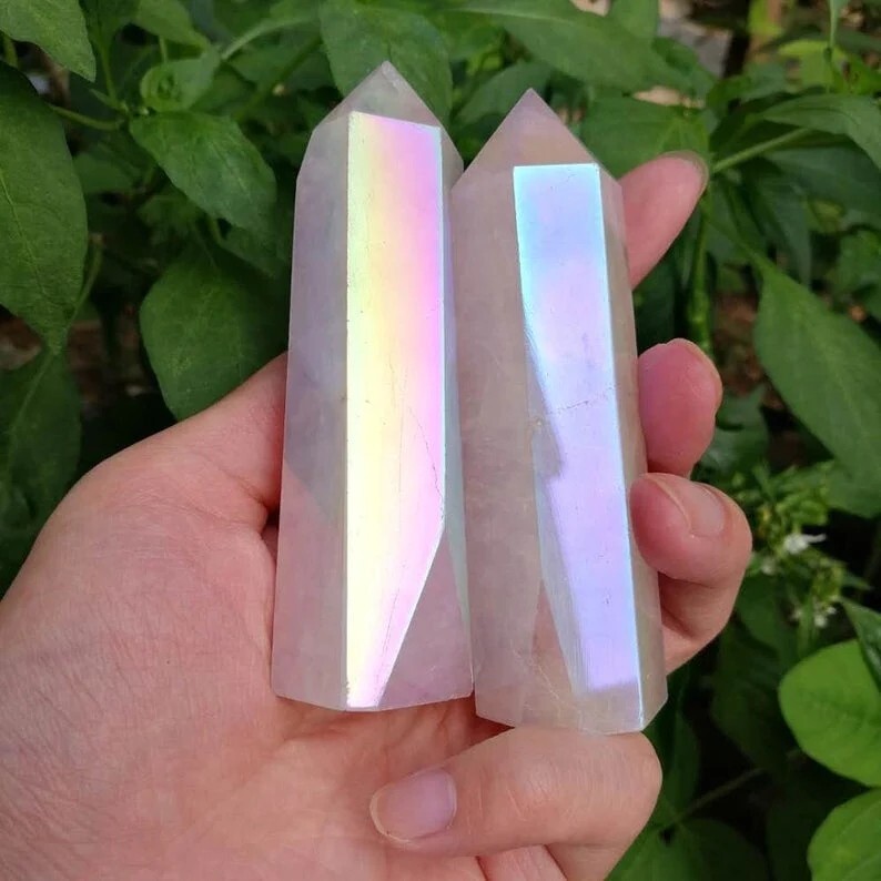 Angel Aura Rose Quartz Specimen Healing Crystal Wand Obelisk Tower Point Gifts
