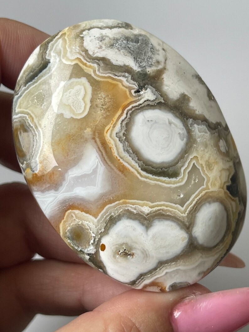 8th Vein Ocean Jasper Big Palmstone with Orbs and Quartz Collectors Crystal