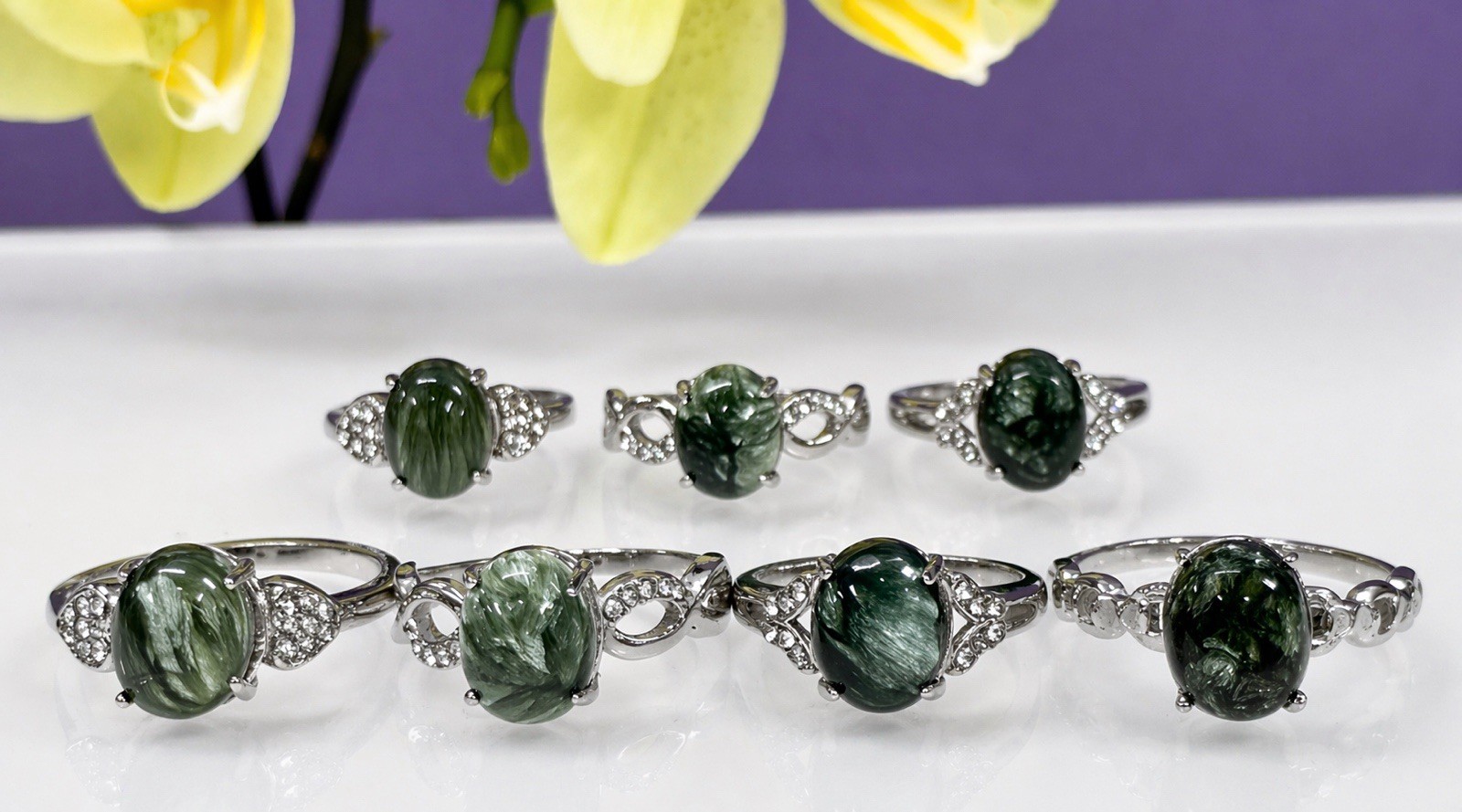 Wholesale 7 Pcs Natural Seraphinite Stainless Steel(316) Rings Crystal 8x10mm