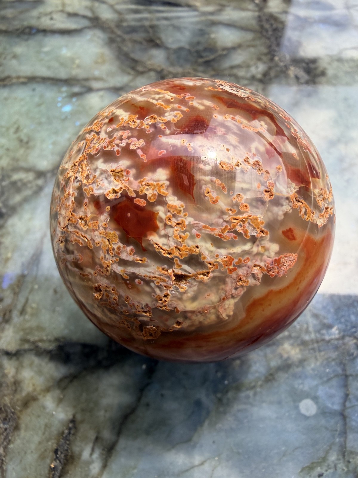 Beautiful Carnelian Moss Agate Sphere | Collector’s Piece | 2.68″