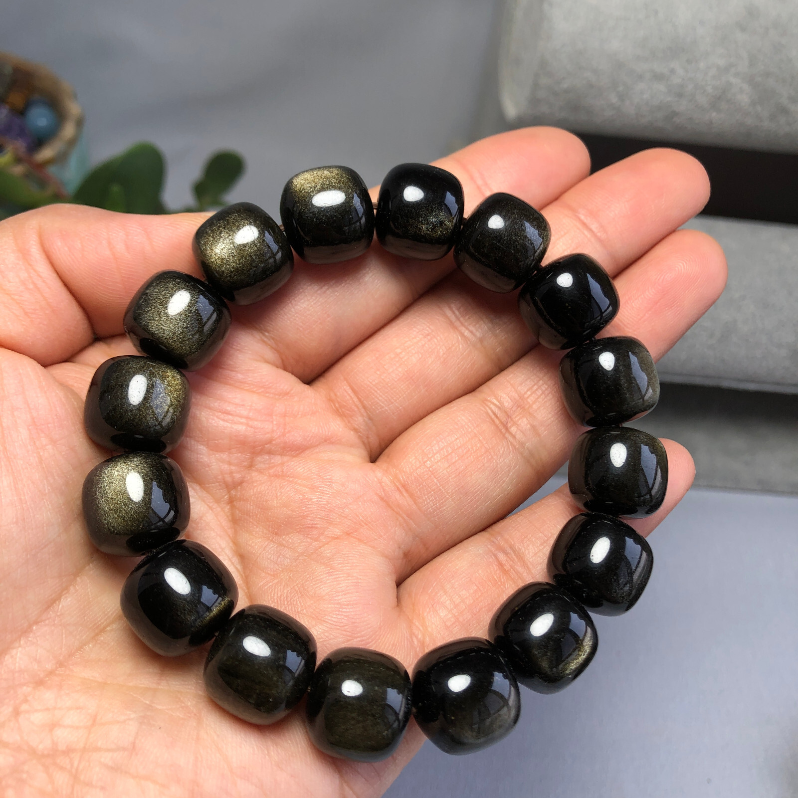 1pcs wholesale Natural Golden obsidian quartz Crystal beads bracelet 14-12mm