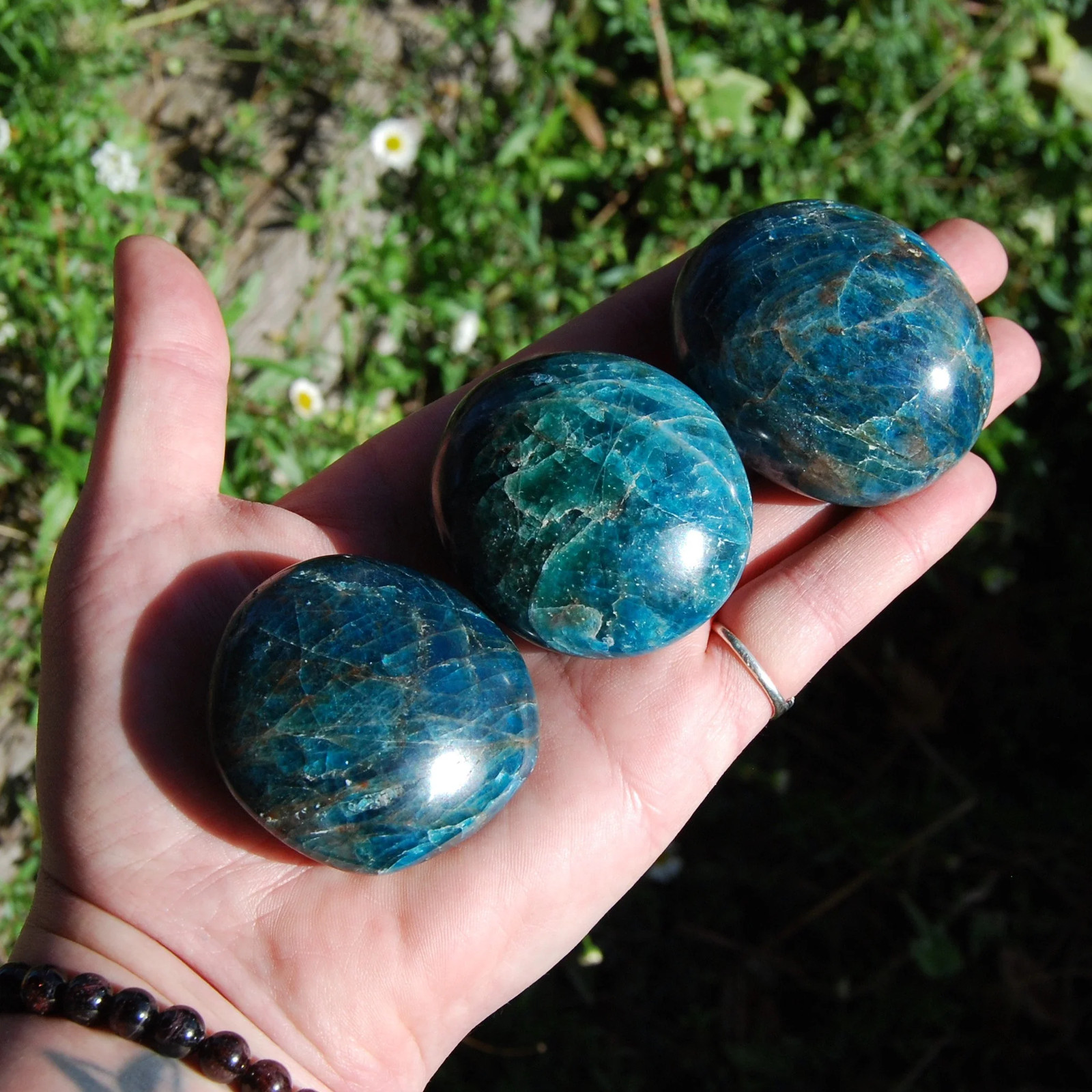 ONE Natural Gemmy Apatite Crystal Palm Stone, Madagascar