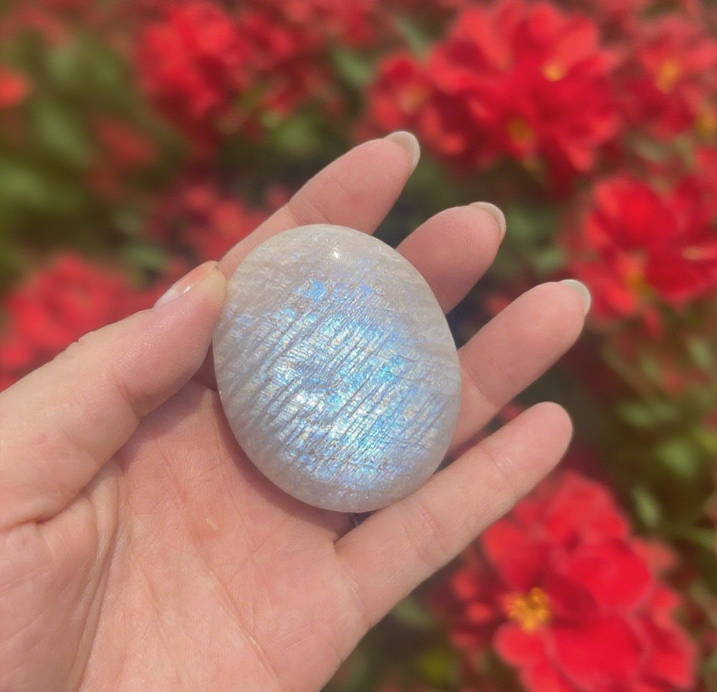 2″ Large Moonstone Palm Stone High Flash Mineral Specimen Crystal Healing Gifts