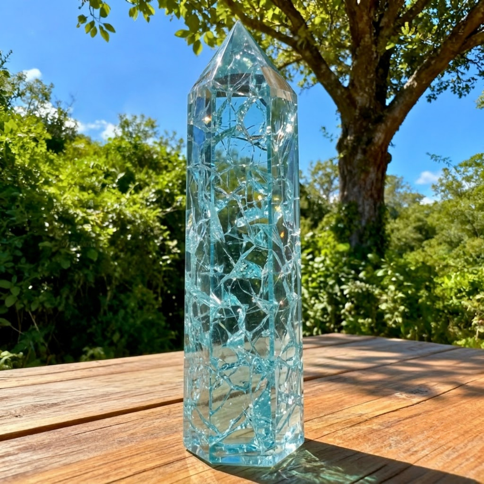 Handmade Blue Crackle Quartz Crystal Tower Healing Wand Obelisk Gemstone Gift