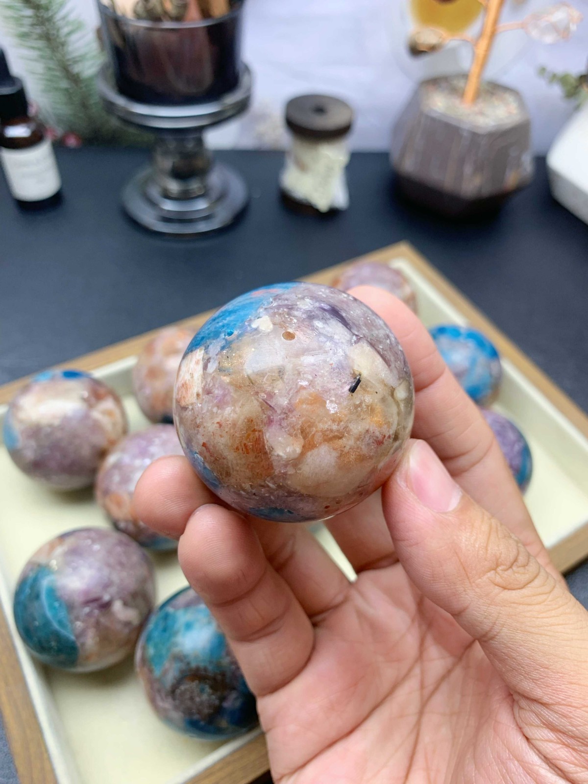 5cm Crystal Ball, Blue Apatite Sunstone Purple Mica Resin Composite Wooden Stand
